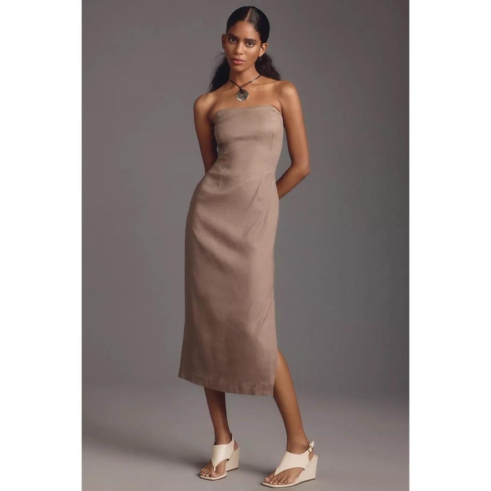 ANTHROPOLOGIE NWT Neutral Taupe Linen Blend Strapless Midi Dress L